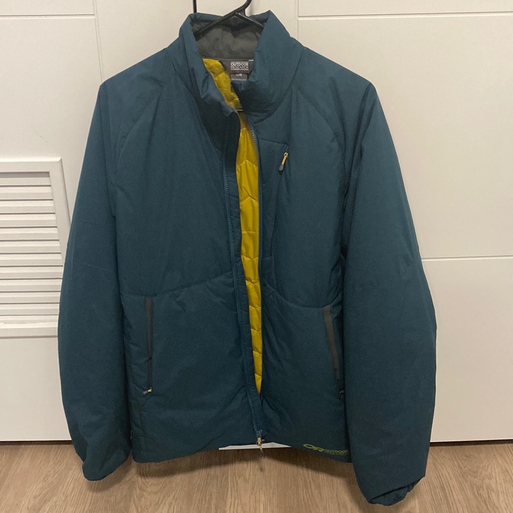 Outdoor Research Jade and Yellow Puffer Jacket with Stand-up Collar